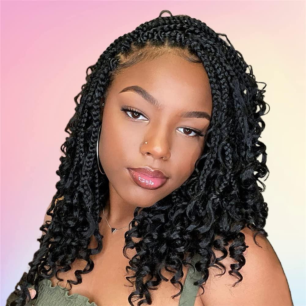 BFSA 14 Inch Goddess Box Braids Crochet Hair Bohomian Crochet Box Braids Curly Ends 8 Pack Crochet Braids Synthetic Braiding Hair Extension (14 Inch(Pack of 8), 1B)