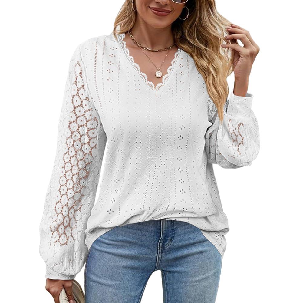 AomigWomen's White Blouses with V Neck, Ladies Classy Hollow Scalloped Lace Long Sleeve Tops, Womens Summer Casual Puff Sleeve Fashion Blouses and Shirts Work, Party, Banquet, Daily, Home, Vacation