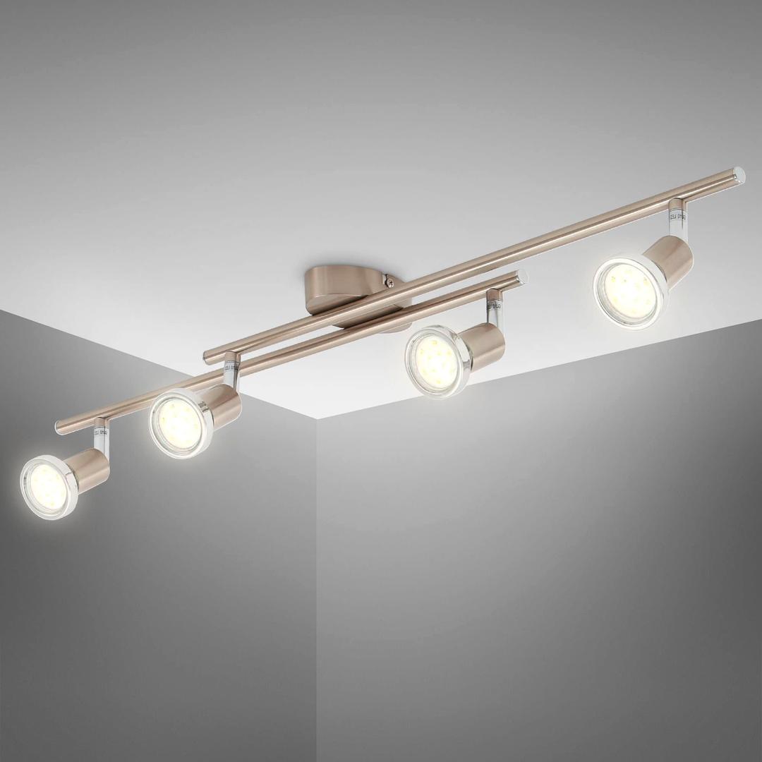 B.K.LichtLED 4 spots ceiling spotlight, rotatable spots, 4 x 3W GU10 bulbs included, 250lm each, warm white light 3000K, ceiling light for kitchen, living room and bedroom, nickel matt metal spot bar, chrome rings, 230V, IP20