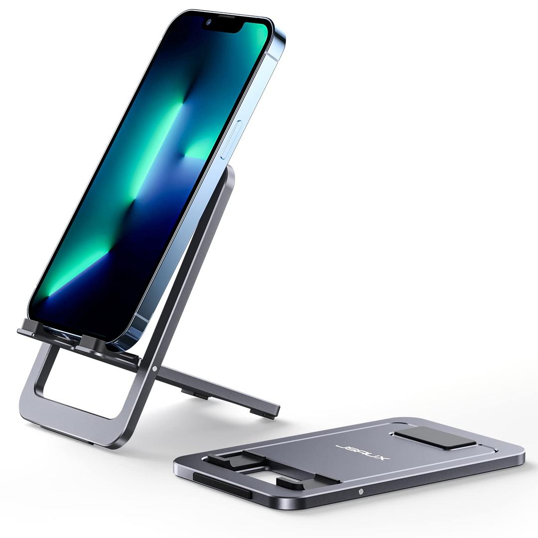 JSAUX Cell Phone Stand, Foldable Aluminum Adjustable Phone Holder for Desk Portable Travel Essentials Office Accessories Compatible for iPhone 16 15 14 13 12 11 Pro Max X Samsung S24 S23 Rog Ally Grey