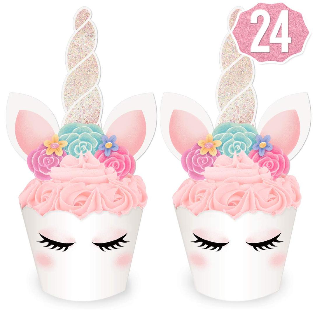 xo, Fetti Unicorn Cupcake Toppers + Wrappers - Set of 24 | Birthday Party Supplies, Unicorn Horn Cake Decoration + Baby Shower