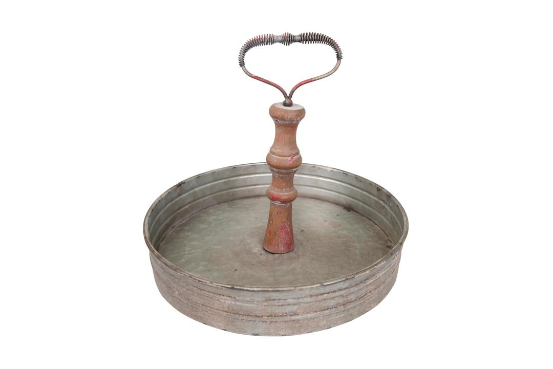 Distressed Single Tier Tin Tray with Handle