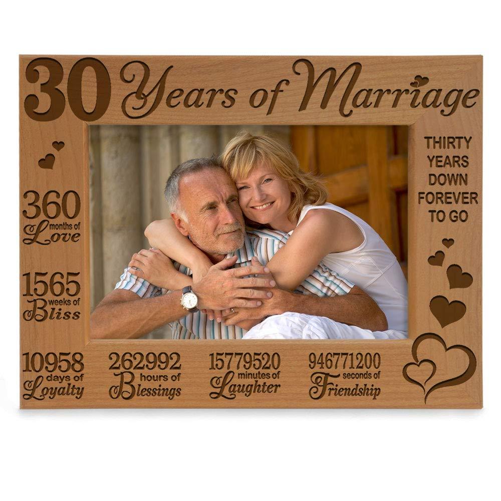 KATE POSH 30 Years of Marriage Engraved Natural Wood Picture Frame, 30th Anniversary Gifts, Husband and Wife, 30 Years Down Forever to Go (4x6-Horizontal)