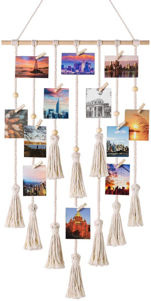 Mkono Hanging Photo Display Boho Macrame Wall Decor with Light, Teen Girl Teenage Gifts, Pictures Cards Frame Holder Art Hanger for Christmas Birthday Party Bedroom Dorm, with 30 Wood Clips, Ivory