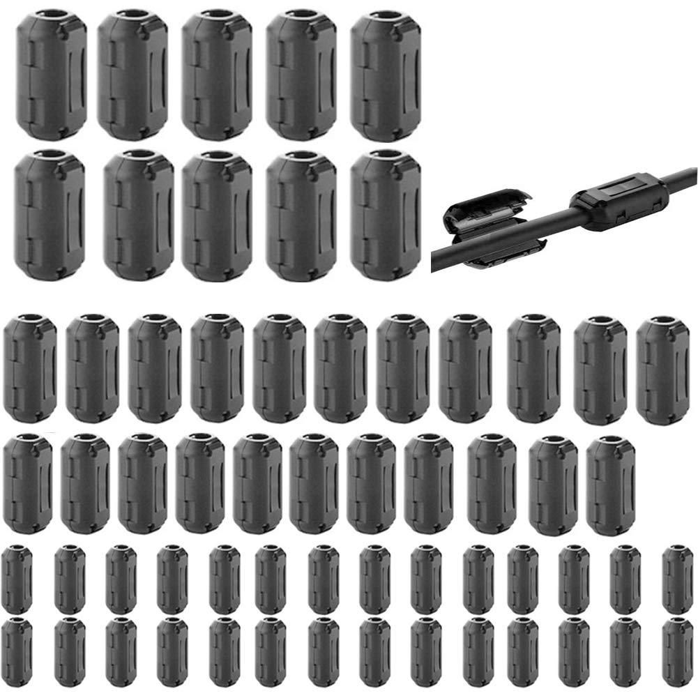 60 Pieces Clip-on Ferrite Ring Core RFI EMI Noise Suppressor Cable Clip for 3mm/ 5mm/ 7mm/ 9mm/ 13mm Diameter/Video Cable Power Cord (Black)