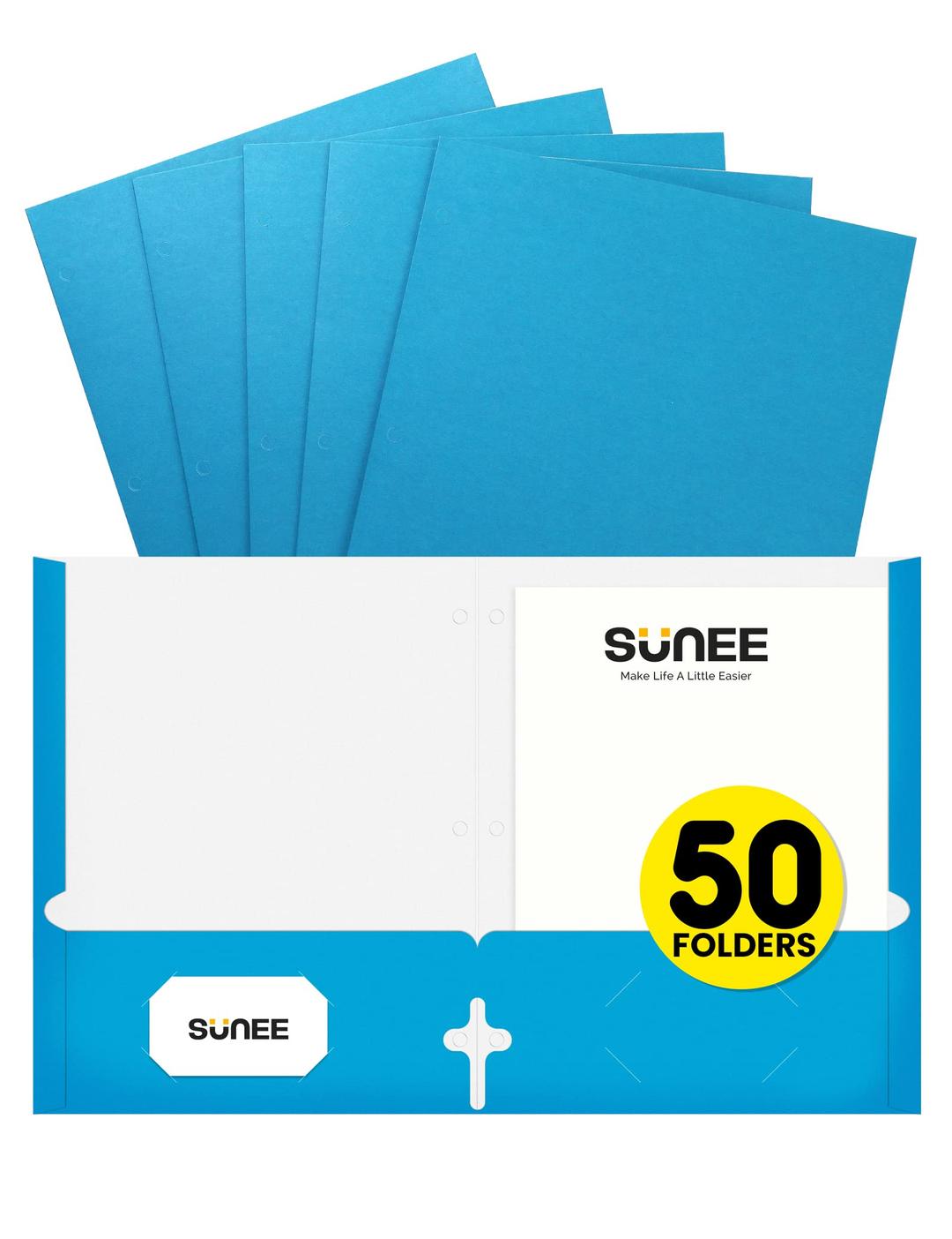 SUNEE Folders with Pockets 3 Hole Punched(50 Pack, Blue), 2 Pocket Folders Fit Letter Size Paper, Paper File Folder for School Office Home Bussiness