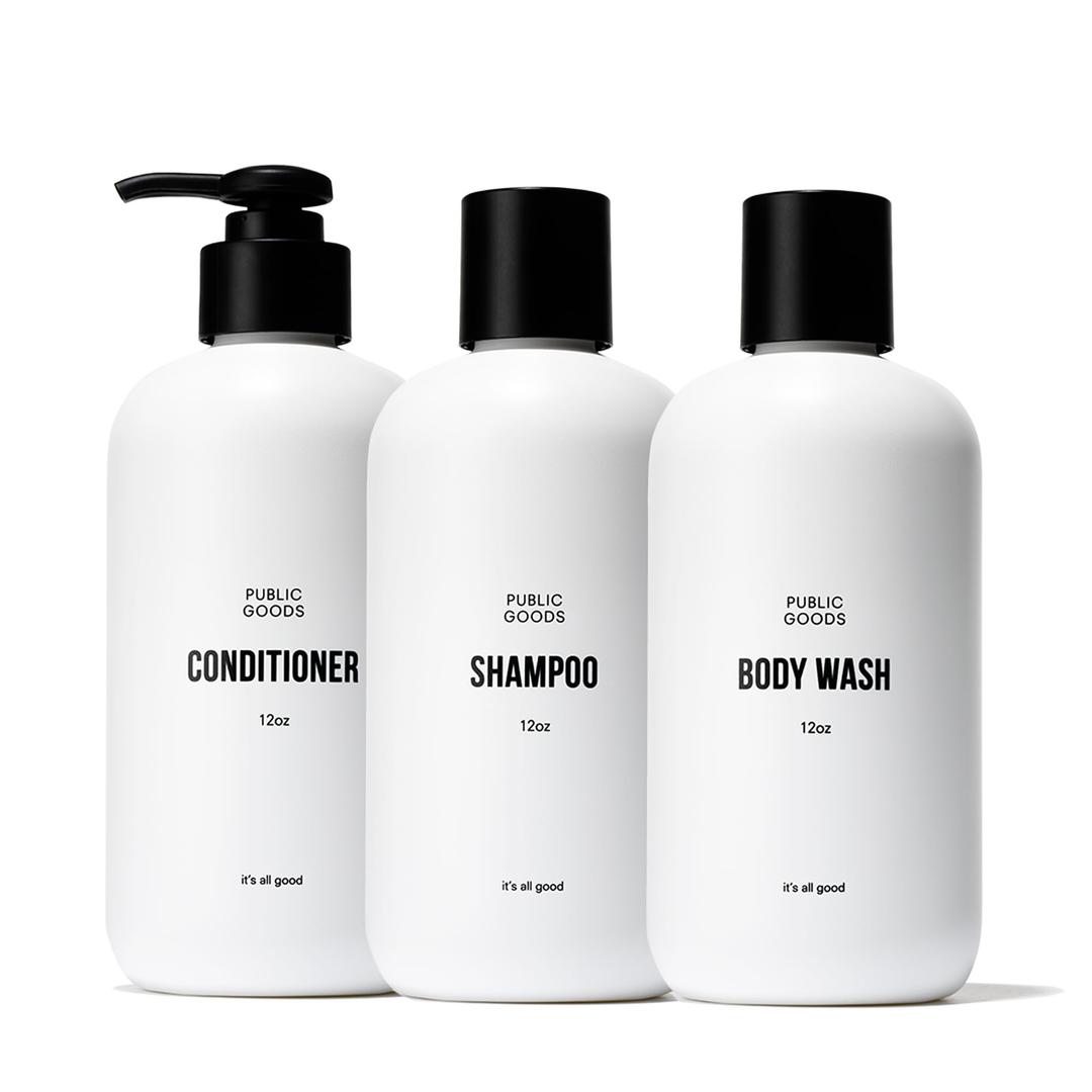 Public GoodsShower Essentials for Men and Women | Natural Shampoo, Conditioner & Body Wash | Made with Organic Essential Oils | Sulfate & Paraben Free | Vegan Friendly | 12 Fl Oz Bottles