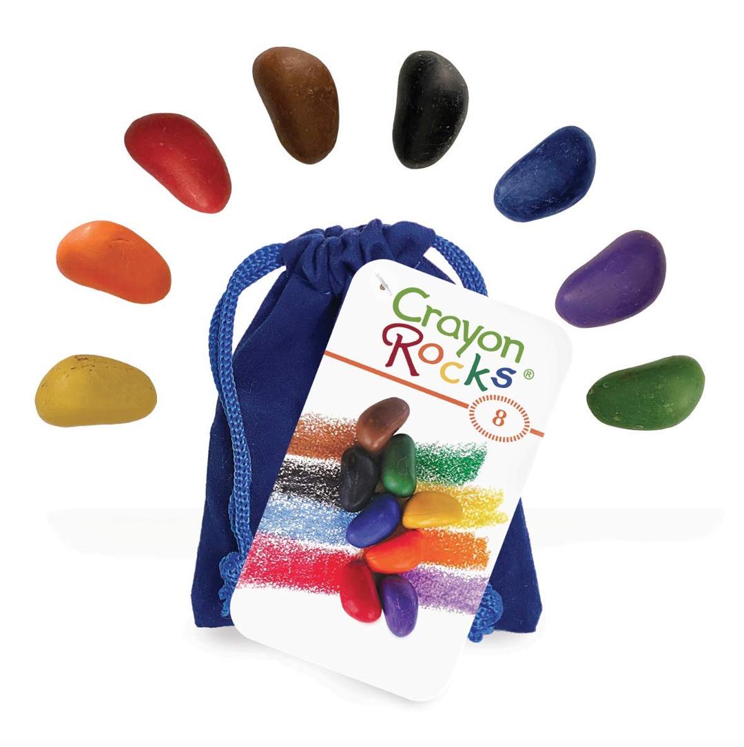 Crayon RocksCrayons in a Rock Shape, 8 Colors, Tripod Grip Made For Handwriting Development in Kids and Toddlers, Fun & Educational, Creative Activity, Comes in a Blue Velvet Bag