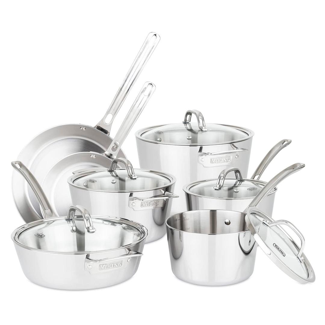 VikingCulinary Contemporary 3-Ply Stainless Steel Cookware Set with Glass Lids, 12 Piece, Dishwasher, Oven Safe, Works on All Cooktops including Induction