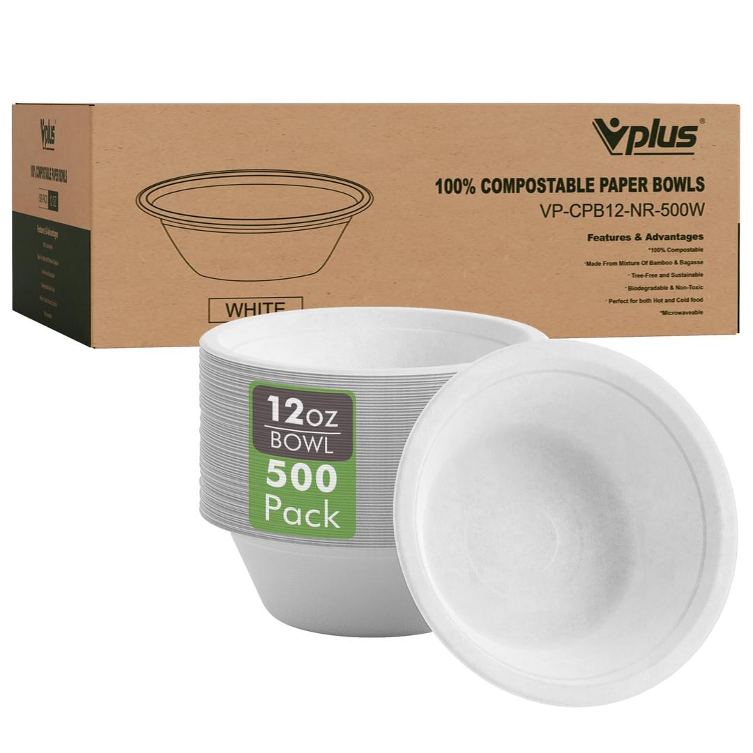 Vplus 500 Pack 12 OZ Paper Bowls, Disposable Compostable Bowls Bulk, Eco-friendly Bagasse Bowls, Heavy-duty Bowls Perfect for Milk Cereals, Snacks, Salads