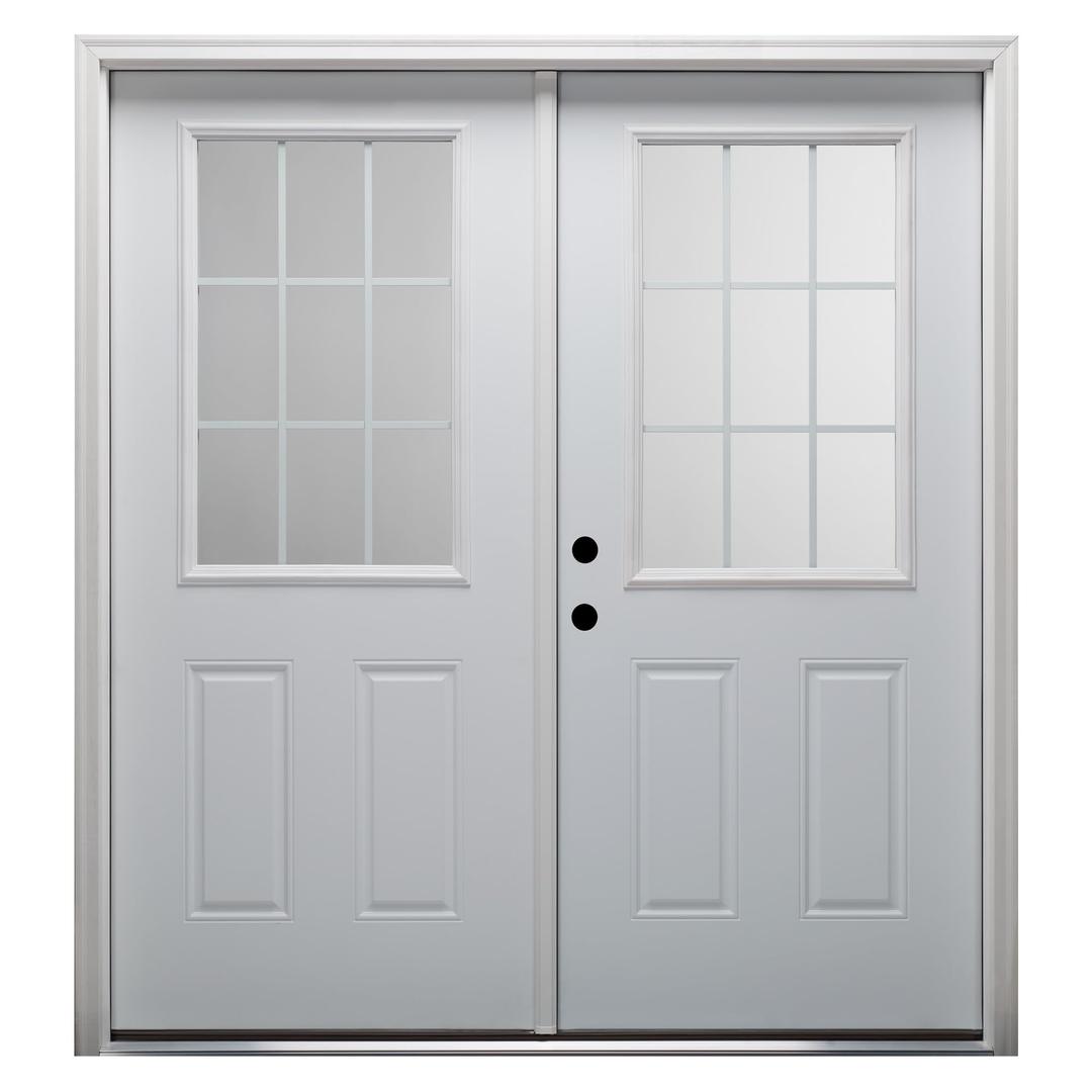 National Door Company, Exterior Double Door, Steel, 60" x 80", 1/2 Lite 2-Panel, Grilles Between Glass Clear Collection, Right-Hand Inswing