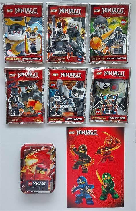 6 Lego Ninjago Dragon Hunter Villains Figures Ninja Figure Iron Baron Samurai X Heavy Metal Jet Jack Nitro Legless Hunter with Weapons Accessories Sticker Large and Silver Metal Tin