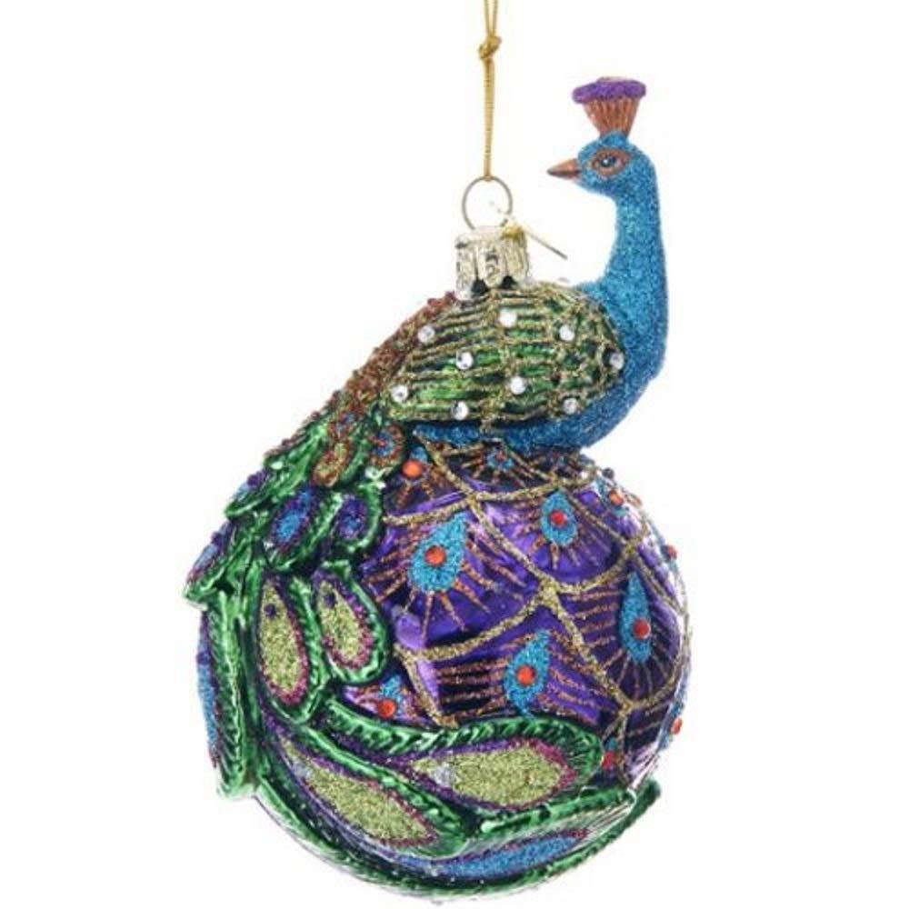 Kurt S. Adler Peacock Themed Purple Blue Teal Green Ornaments (Noble Gems™ 5" Peacock Glass Ball Christmas Tree Ornament NB1345)