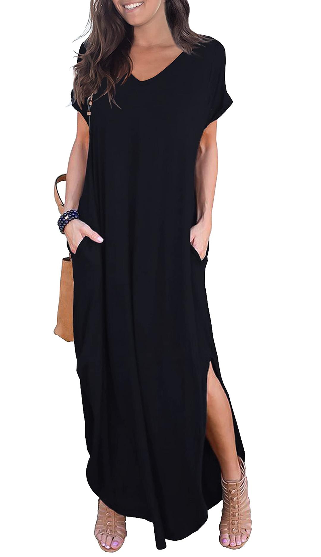 GRECERELLEWomen's Casual Loose Pocket Long Dress Short Sleeve Split Maxi Dresses