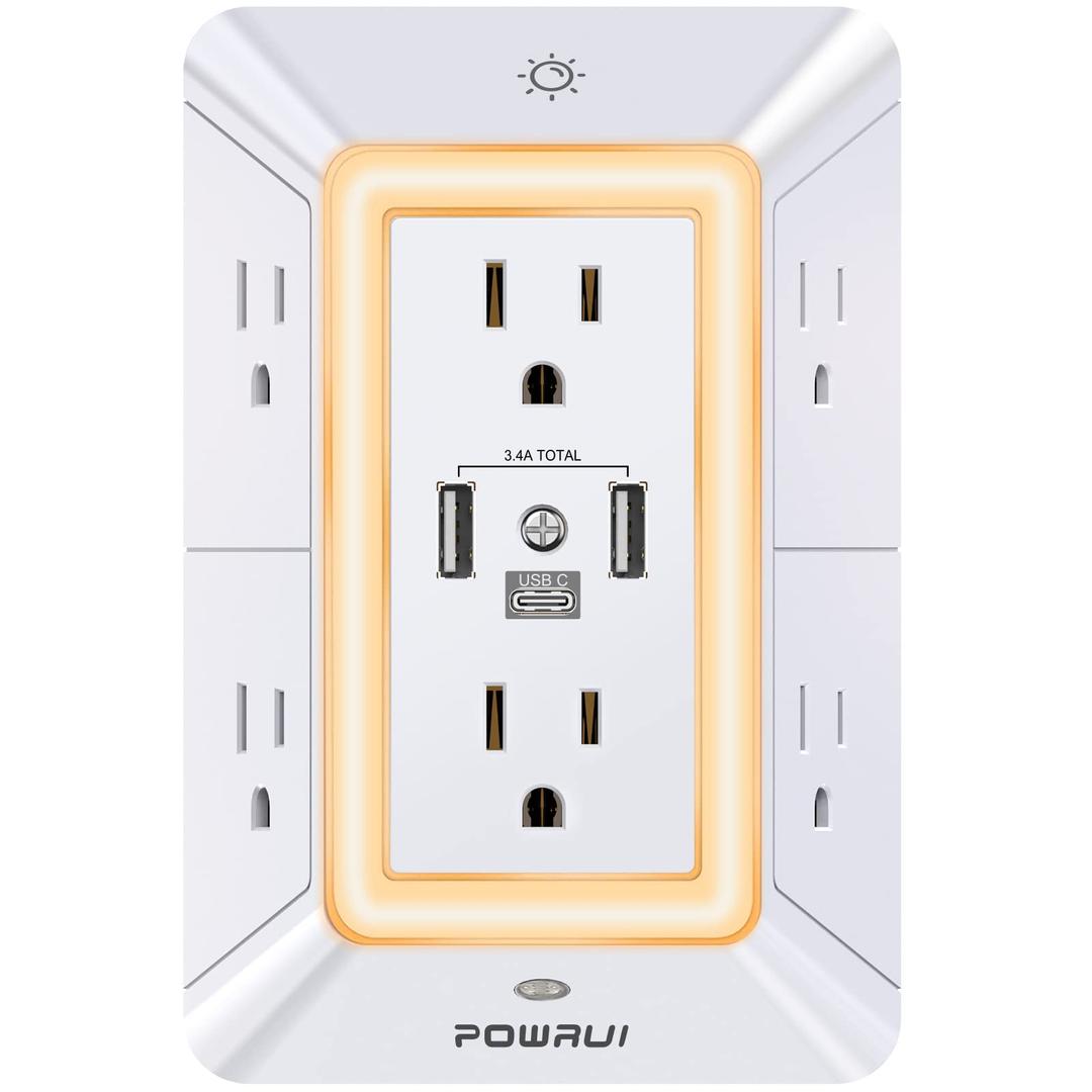 Multi Plug Outlet Surge Protector - POWRUI 6 Outlet Extender with 3 USB Ports (1 USB C) and Night Light, 3-Sided Power Strip with Adapter Spaced Outlets - White, ETL Listed