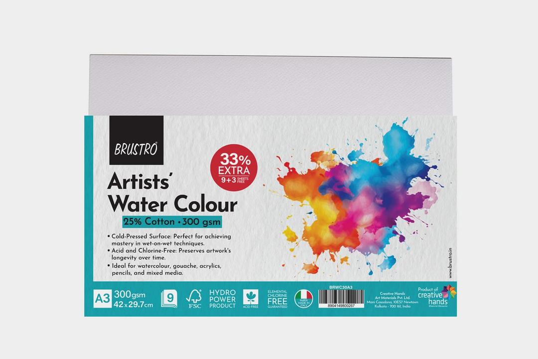 BRUSTRO Artists Watercolour Paper | 300 GSM, A3, 25% Cotton, Cold Pressed | Pack of 12 Sheets | Ideal for Artist, Professional Drawing, Painting Dry & Wet, Fine Art, School, Students, Watercolor