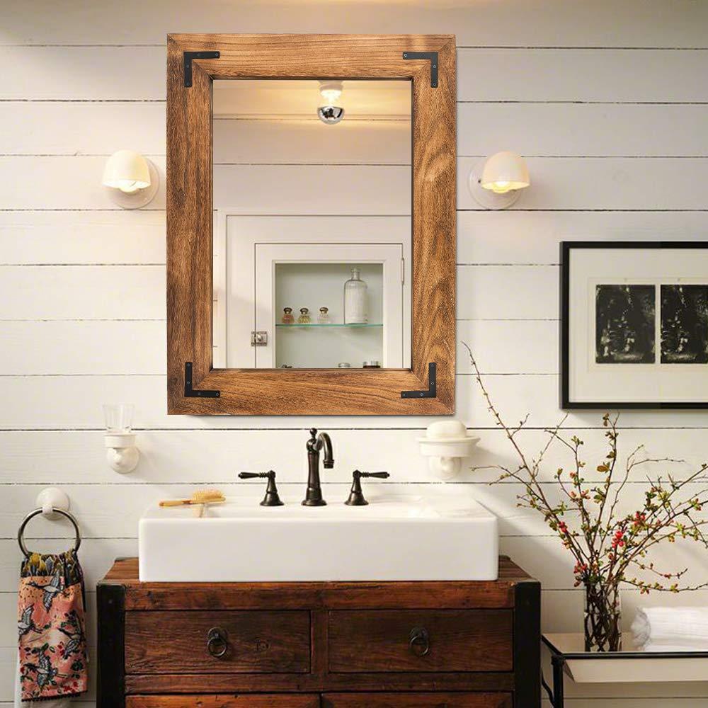 YOSHOOT Rustic Wooden Framed Wall Mirror, Natural Wood Bathroom Vanity Mirror for Farmhouse Decor, Vertical or Horizontal Hanging (26" x 18", Brown)