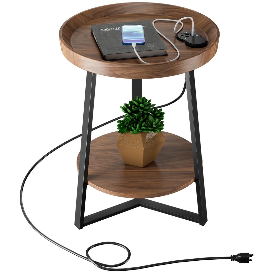 Gadroad Round End Table with Charging Station, USB Ports, Wood Tabletop & Black Metal Frame, 2-Tier Side Table for Living Room, Bedroom, Cherry Brown 15.7 * 15.7 * 23.6inches