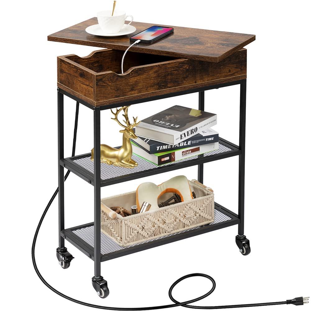 Hadulcet End Table with Charging Station, Couch End Tables Rotating Top Skinny Nightstand with Outlet for Living Room Bedroom Rustic Brown