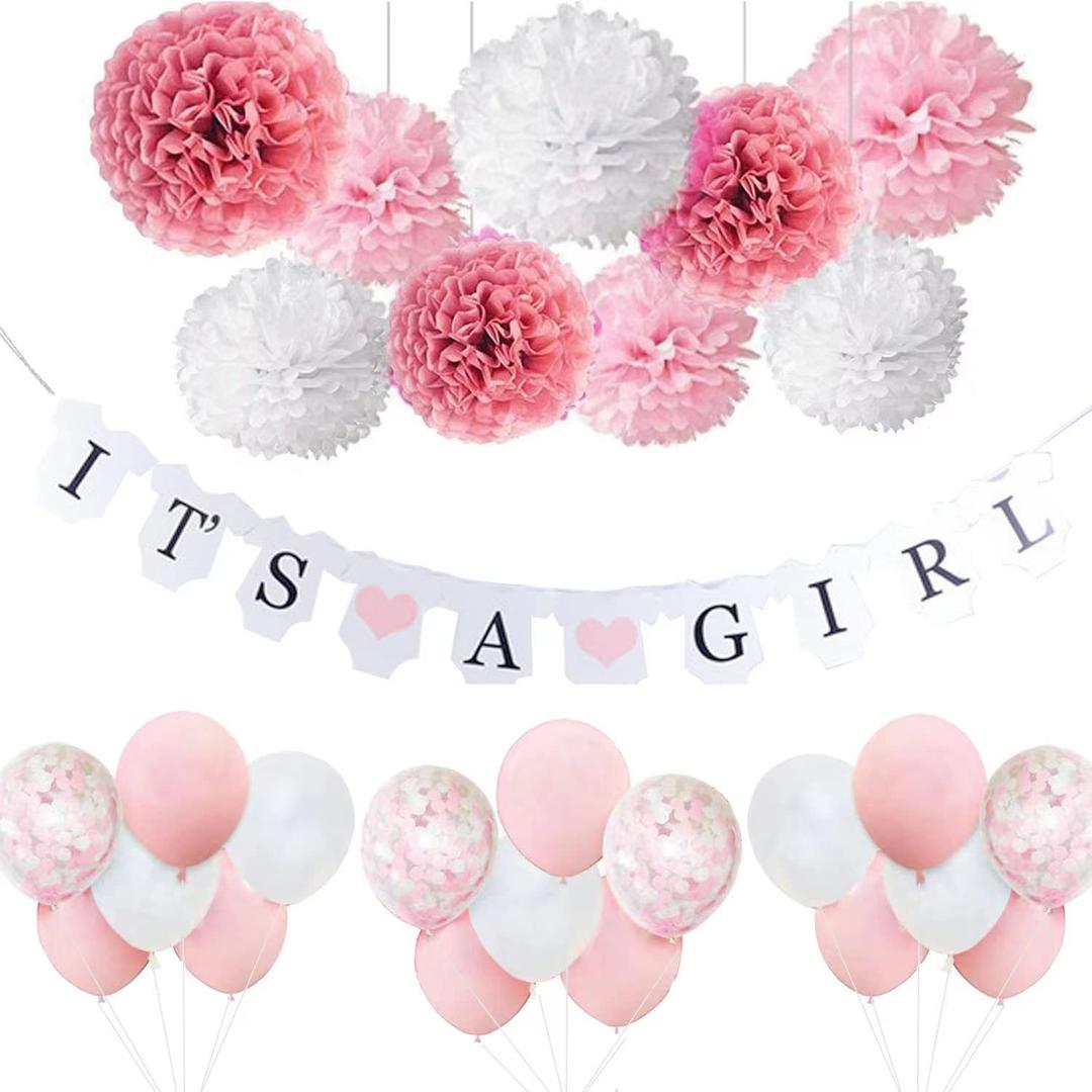 Baby Shower Decorations for Girls, Pink White Baby Girl Shower , with It’s A Girl Banner Confetti Latex Balloons Paper Pom Poms, for Baby Shower Supplies