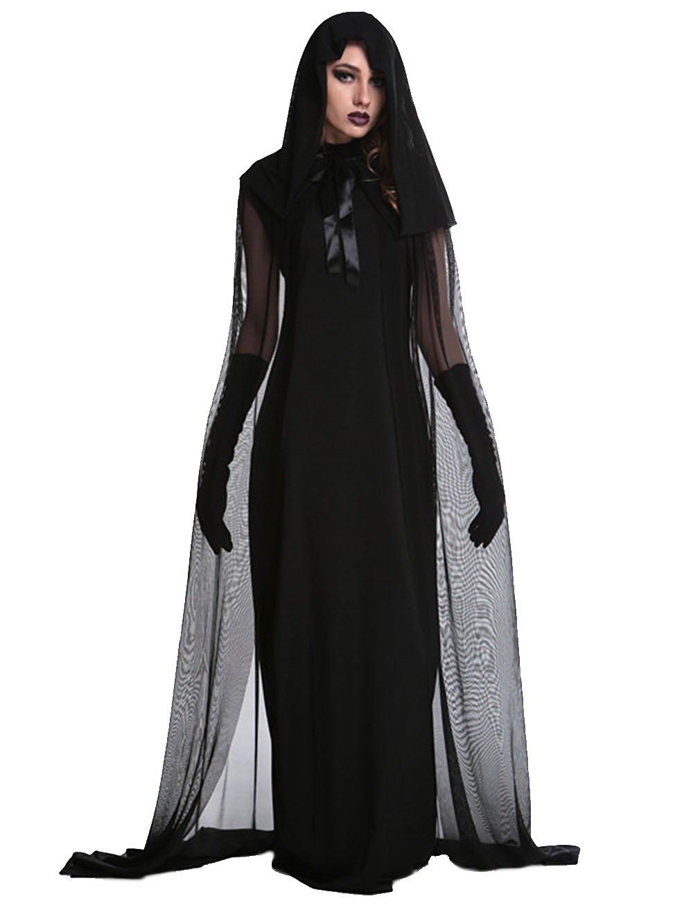 Kamay's Women's Black Ghost Bride Witch Costume Halloween Night Wandering Soul Long Cosplay Dress Lady's Perform Costumes Halloween Decoration Halloween Party Costume (Long Black Cloak Dress Glove Set)