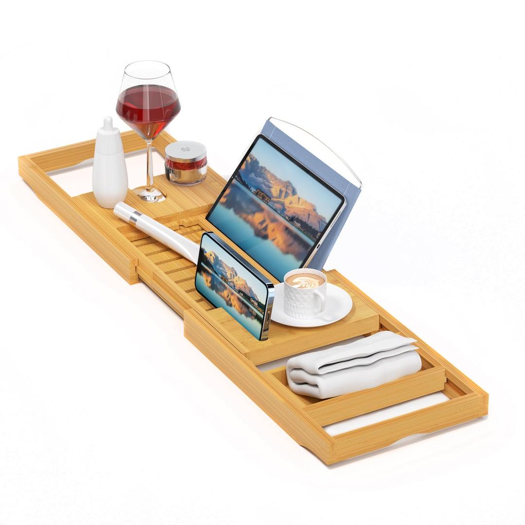 Luxury Bathtub Caddy Tray，Bamboo Bathtub Tray Caddy - Wood Bath Tray Expandable，Can be Placed Book and Integrated Tablet Smartphone and Wine Holder - Gift Idea for Loved Ones