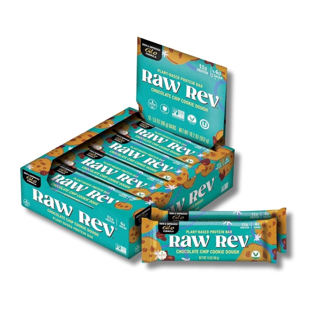 Raw Rev Vegan High-Protein Bars, Chocolate Chip Cookie Dough, 12g Plant Protein, 11g Fiber, Keto, Non-GMO, 1.6 Oz, Pack of 12