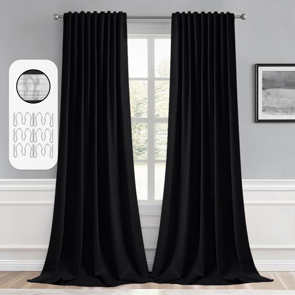 MIULEE 2 Panels Back Tab Blackout Curtains 96 Inch Long for Living Room Bedroom, Black Rod Pocket/Pinch Pleated Thermal Insulated Room Darkening Light Blocking Floor to Ceiling Curtains/Drapes