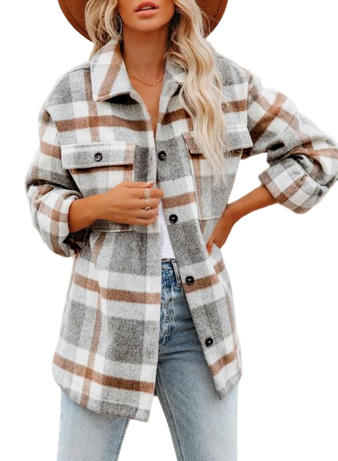 BeaullyWomen's Flannel Plaid Shacket Long Sleeve Button Down Shirts Jacket Coats with Side Pockets