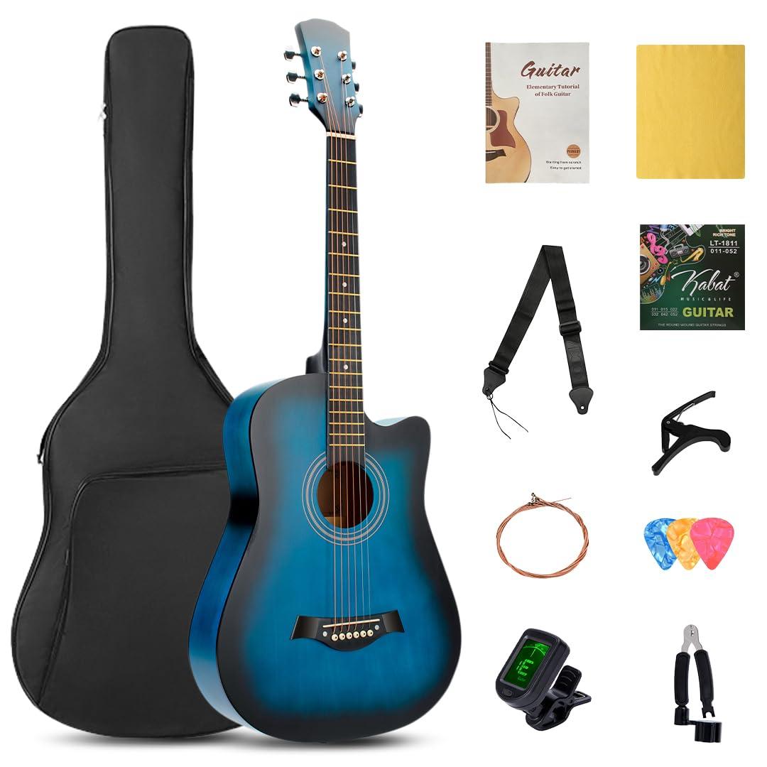 SHINEDOWN 38 inch Acoustic Guitar in Full Size Black Beginner All Wood Cutaway Starter Set with Free Bag/Tuner/Capo/A Pack of Strings/Strap/3 Single Strings/Cloth/Picks/String Cutter/Tutorial