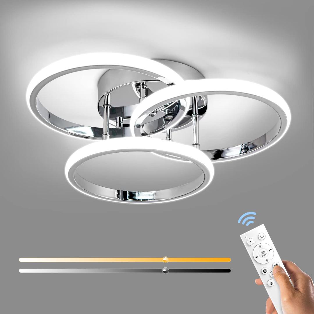 15.74IN Dimmable LED Modern Flush Mount Ceiling Light Fixture with Remote Control, Chrome 3000K-6500K 3-Color Dimming Circle Modern Chandelier, Close to Ceiling Bedroom Kitchen Cloakroom Lamp