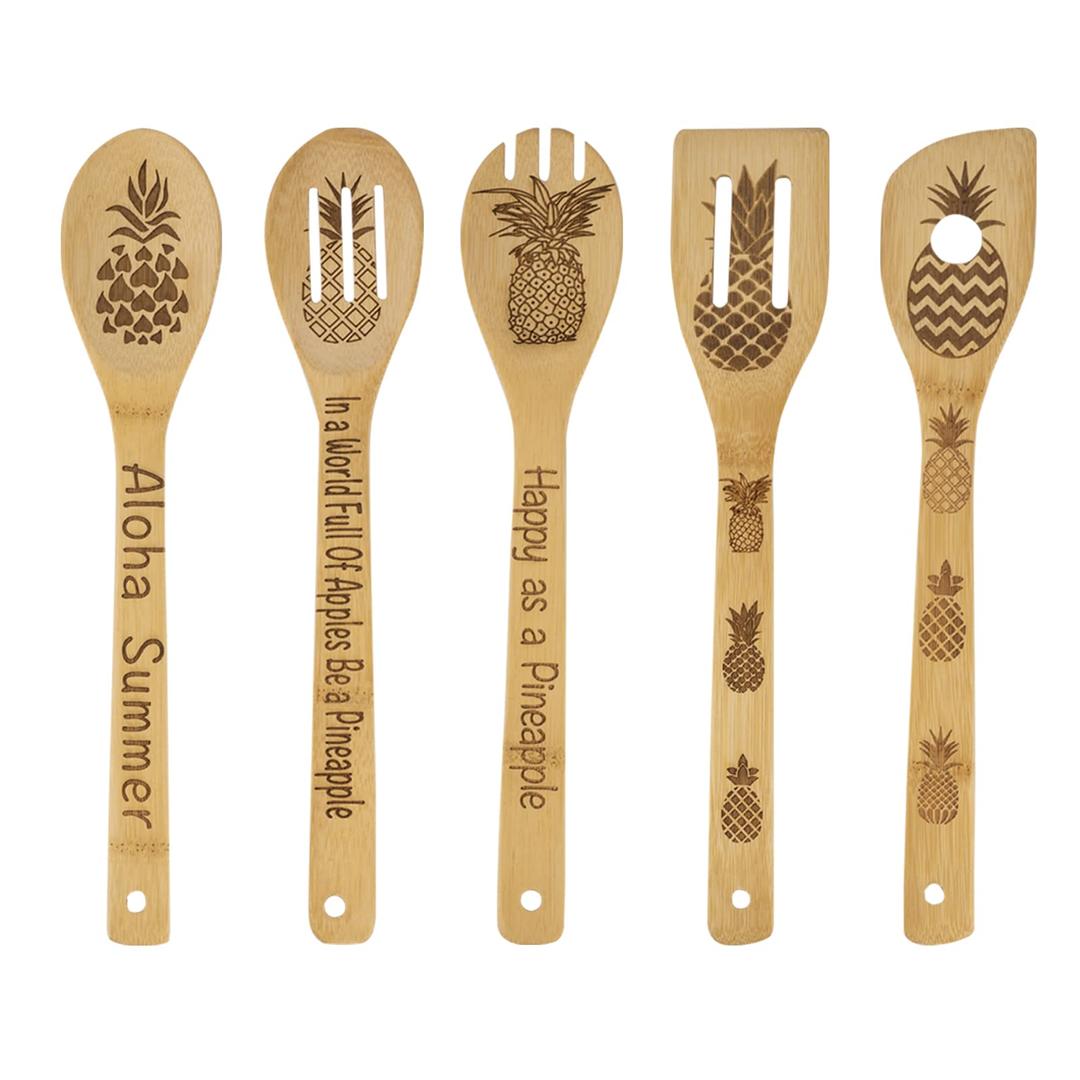 5Pcs Pineapple Wooden Cooking Spoons,Pineapple Gifts,Pineapple Kitche Decor, Pineapple Carve Burned Bamboo Spoons,Pineapple Gifts for Women Housewarming wedding Birthday Mom Cooking Gifts