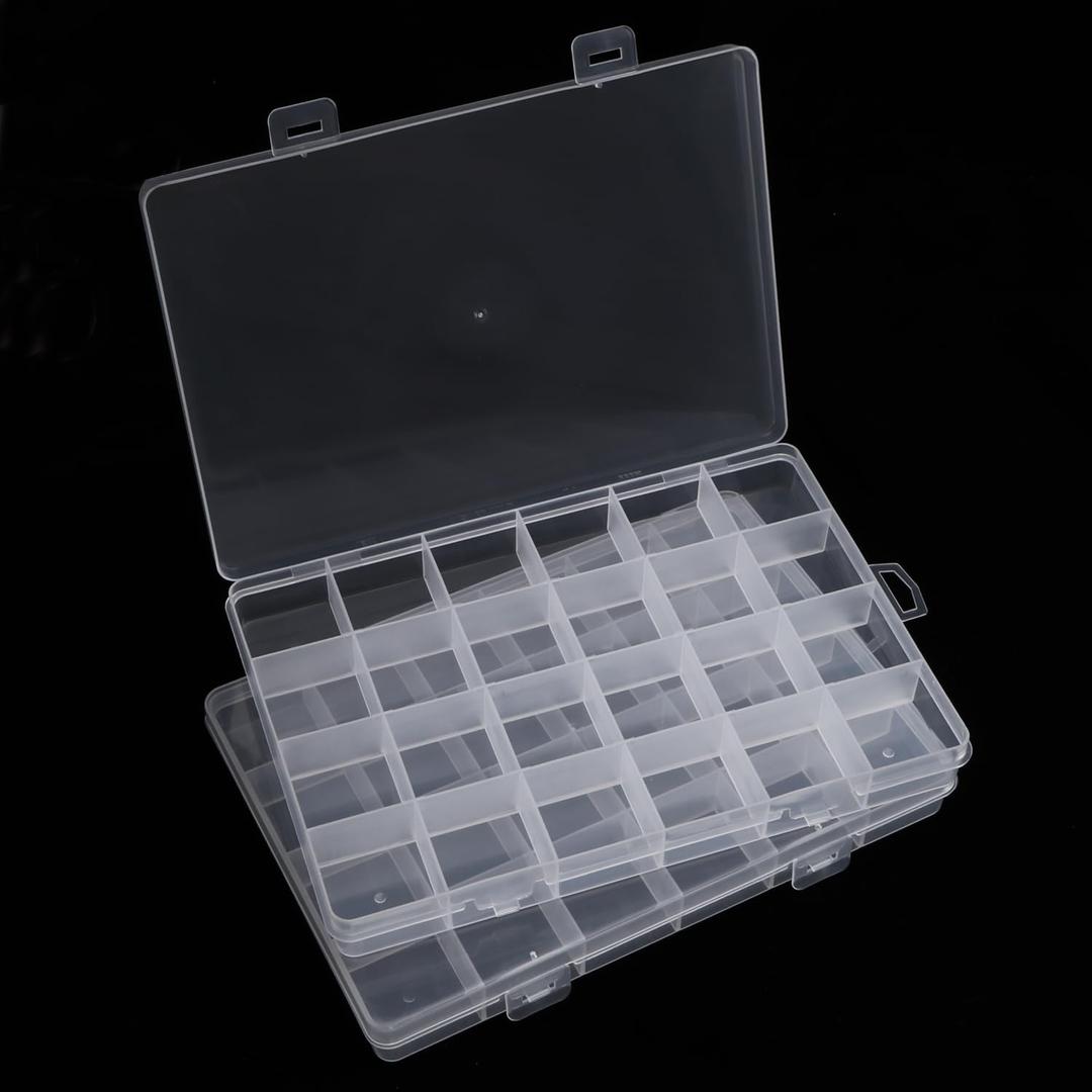 2 Pack 24 Grids Clear Plastic Organizer Box Fixed Compartment Storage Container for Craft, Beads, Jewelry, Small Parts, 7.4X5.1X0.86 INCH