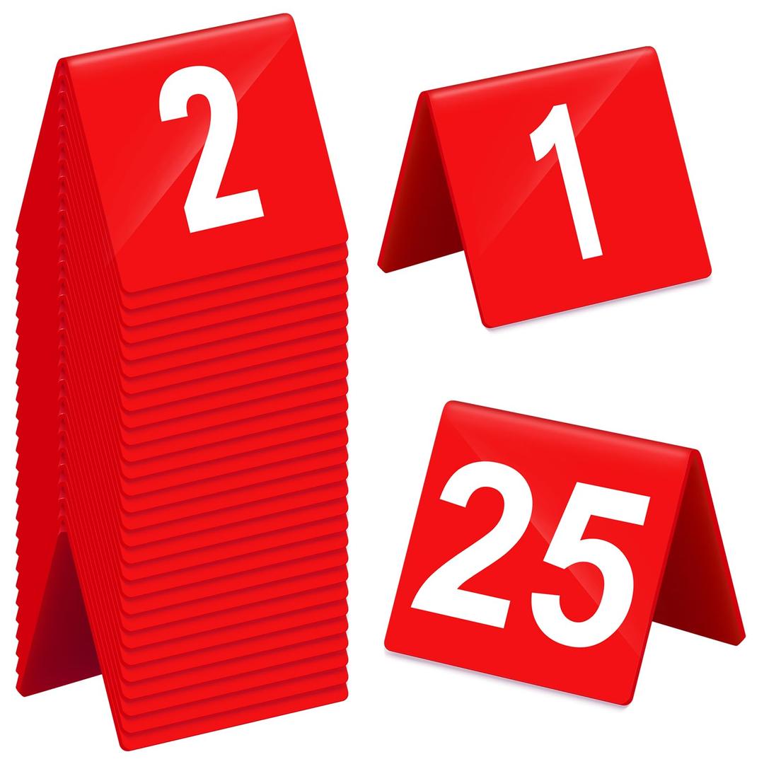 Tuanse Table Numbers 1-25 Acrylic Double Side Numbered Table Tents Plastic Restaurant Wedding Table Number Table Tent Numbers Cards Signs for Party Banquets Wedding Reception (Red, White)