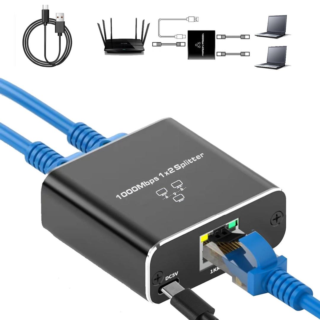 Gigabit Ethernet Splitter 1 to 2 High Speed, 1000Mbps Internet Splitter 1 in 2 out, LAN Splitter with USB Power Cable, RJ45 Splitter for Cat5/5e/6/7/8 Cable(2 Devices Simultaneously Networking)