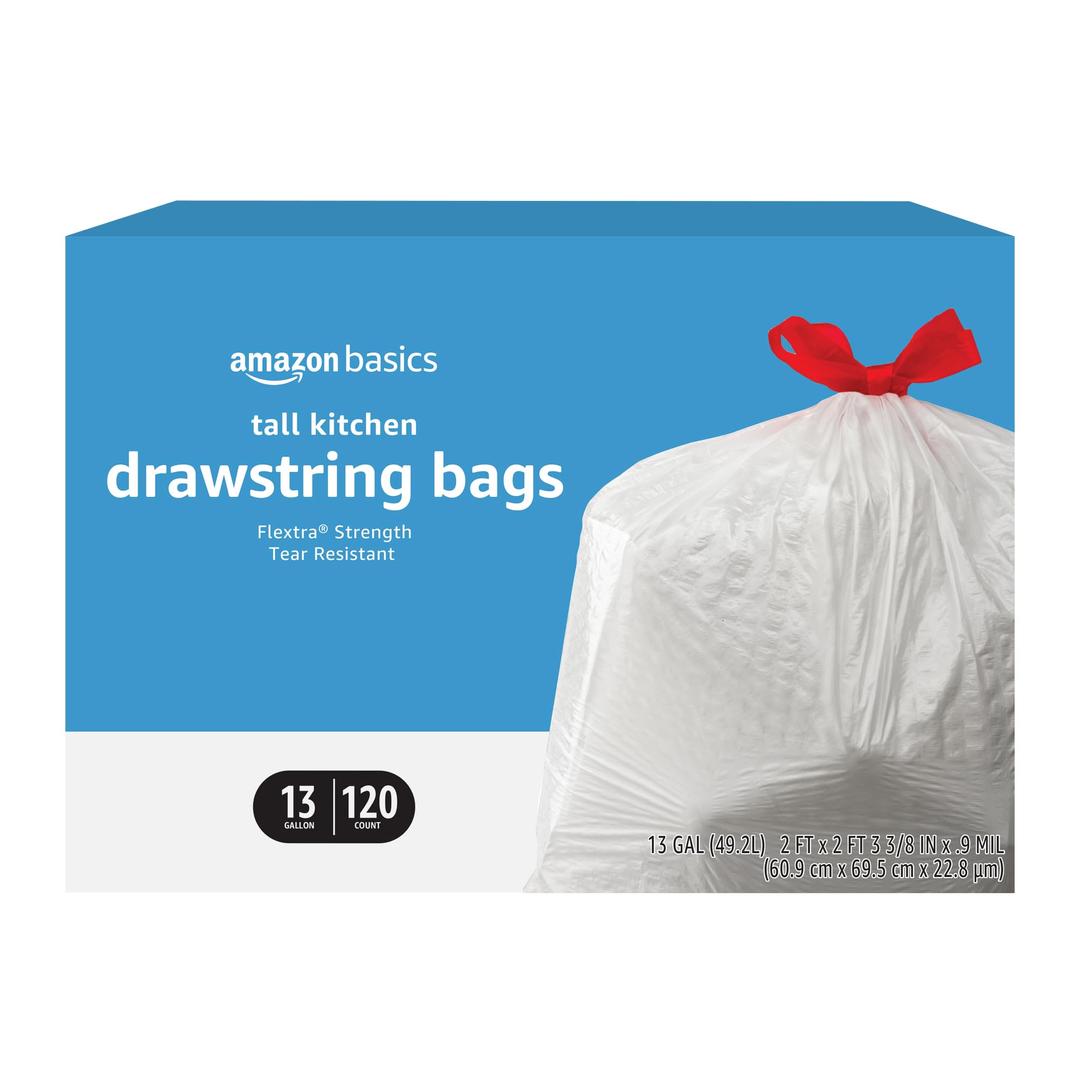 Amazon Basics Flextra Tall Kitchen Drawstring Trash Bags, Unscented, 13 Gallon, 120 Count, Pack of 1