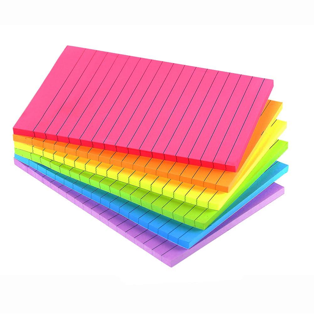 Lined Sticky Notes 4X6 in Bright Ruled Post Stickies Colorful Super Sticking Power Memo Pads, 45 Sheets/pad, 6 Pads/Pack