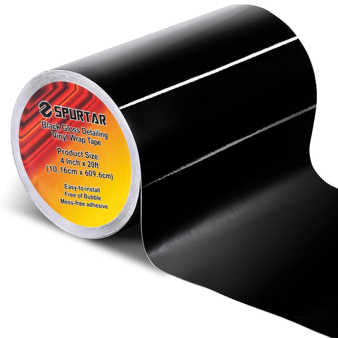 SpurtarGloss Black Vinyl Wrap Tape 4 Inch x 20ft Air-Release Adhesive Vinyl Tape, Universal Vinyl Wrap for Cars Detailing Wrap Roll DIY Car Door Edge Guard Protective Anti-Scratch Sticker 10 X 600CM