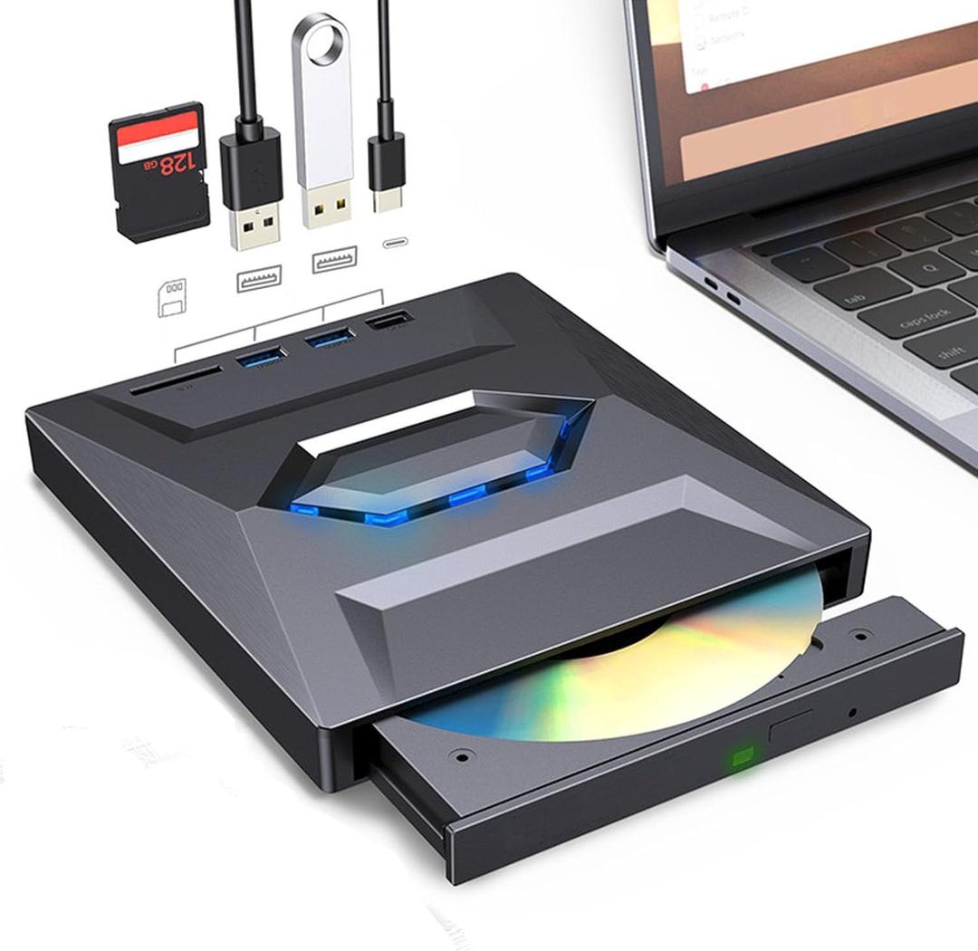 CARE CASE External DVD Drive USB 3.0 Type C High Speed 5Gbps with Storage Card Slot, Plug and Play for Laptop Desktop AIO