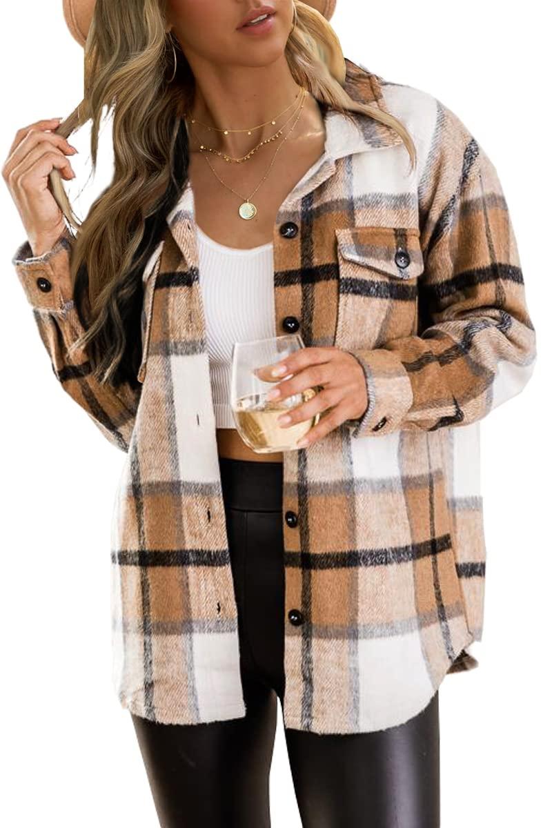 Trendy QueenWomens Flannel Shacket Casual Jacket Plaid Button Down Long Sleeve Shirt Fall Winter Outfits