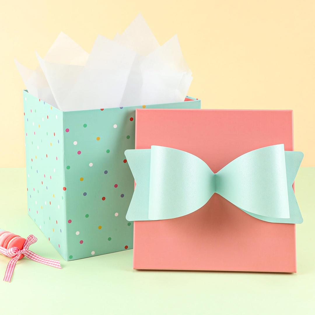 BIOBROWN Birthday Gift Boxes with Lids, Bow and Tissue Paper, 9x9x9 Inches Collapsible Gift Box for Presents, Baby Shower, Party - Fresh Turquoise Polka Dots