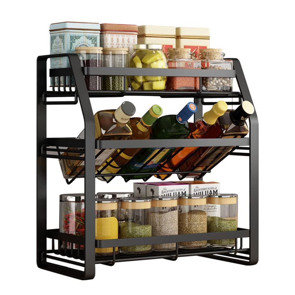 Arabest Spice Rack Organizer, 3-Tier Large Foldable Metal Spice Storage Rack for Countertops with Shelf Liner, Seasoning Organizer Spice Shelf Kitchen Counter Storage for Kitchen Office (Black)