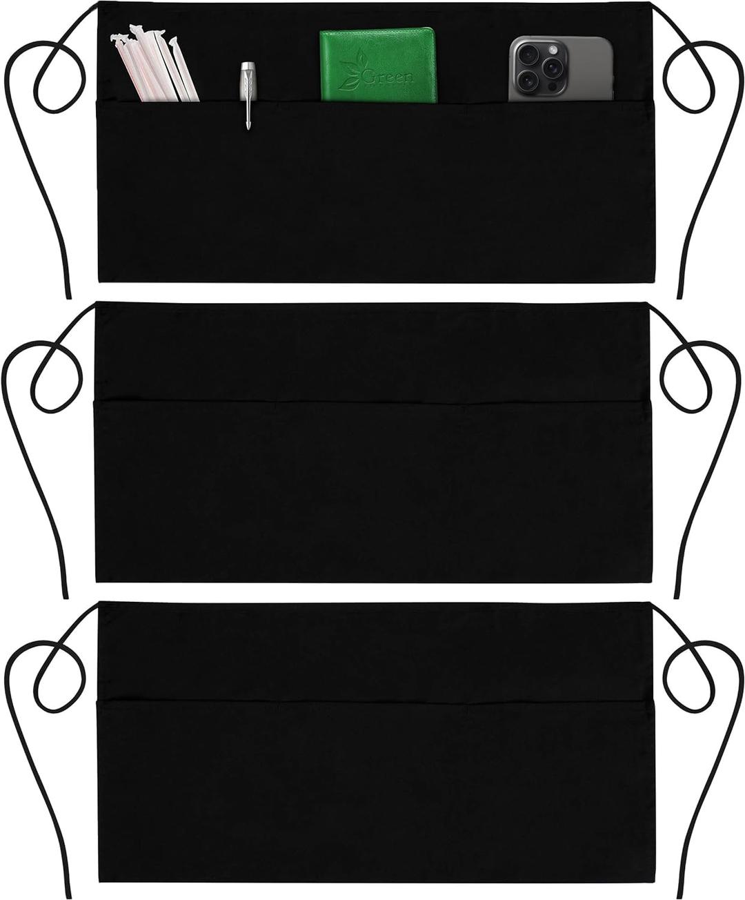 GREEN LIFESTYLE 3 Pack Server Aprons with 3 Pockets - Waist Apron, Waitress Apron for Women and Man, Water Resistant with Long Waist Strap Reinforced Seams, Half Apron (Black)