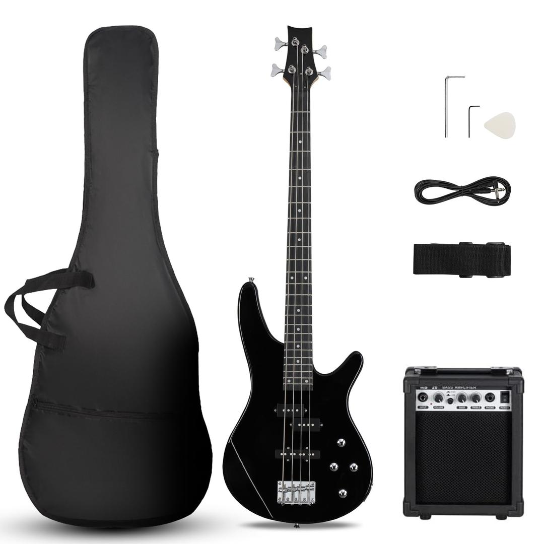 KtaxonElectric Bass Guitar 4 String Bass Guitar with 20 Watt Amplifier, PJ Type Pickup, Naturally air-dried Maple Neck, Rosewood Fretboard, Basswood Body(Black)