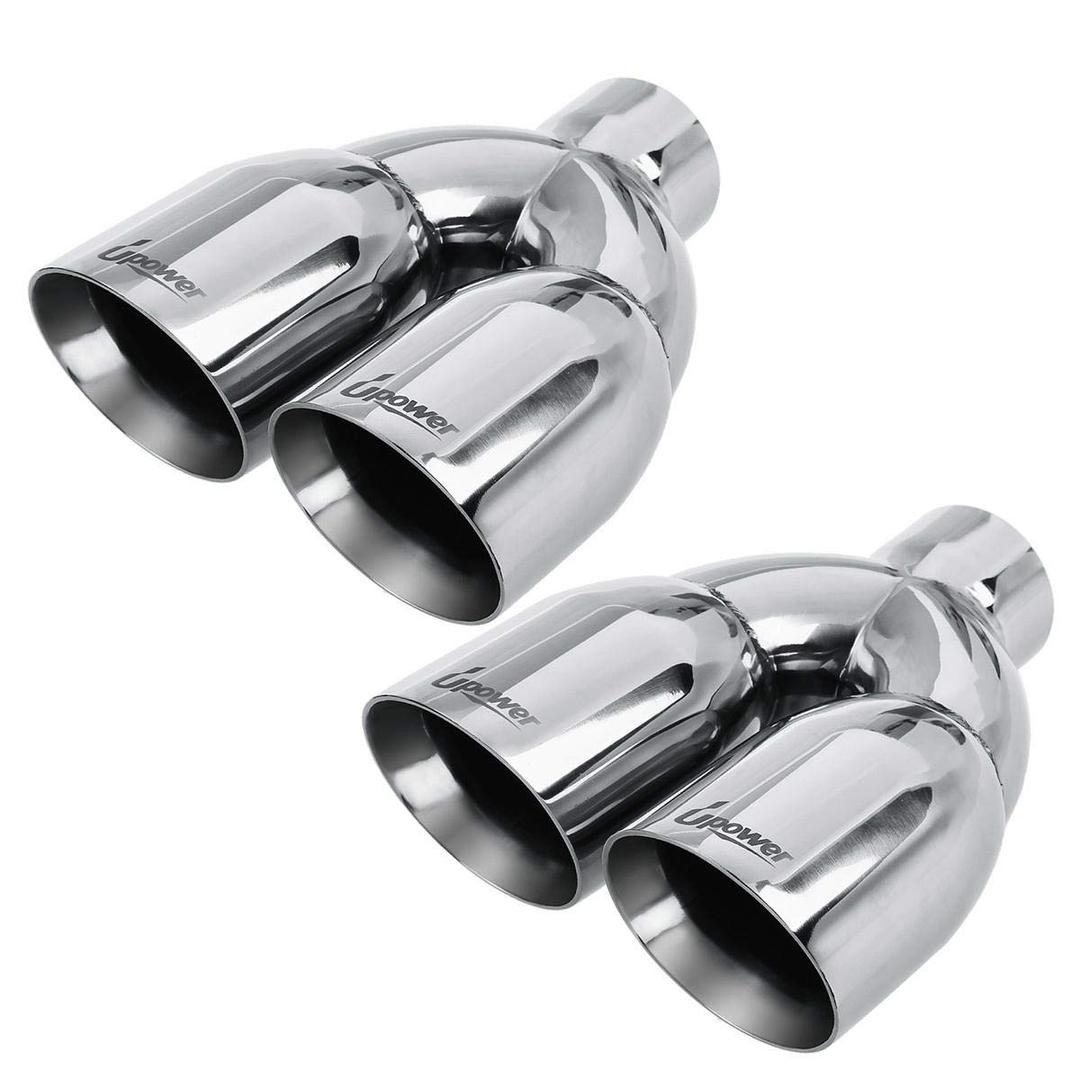 Upower Pack of 2 Dual Exhaust Tip Tailpipe 2.5 Inch Inlet 3.5" outlet 9.5" Length Polished Stainless 1.2mm Thickness (Double Wall Slant Edge)