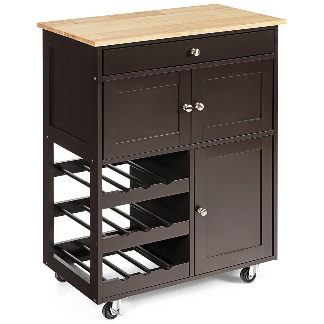 COSTWAY Kitchen Serving Trolley, Rolling Storage Island Cart with Drawer, 3 Tier Wine Racks, 2 Cabinets, Rubber Wood Tabletop & Wheels, Utility Storage Cabinet for Home Office Restaurant (Brown)