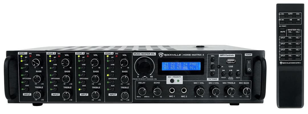 Rockville Home Matrix 4 4-Zone 8-Channel 600W Multi-Room/Source Receiver Amplifier, Bluetooth, USB, Optical, FM Radio, Includes Remote - Perfect for Home Audio, Restaurants, Offices, Schools