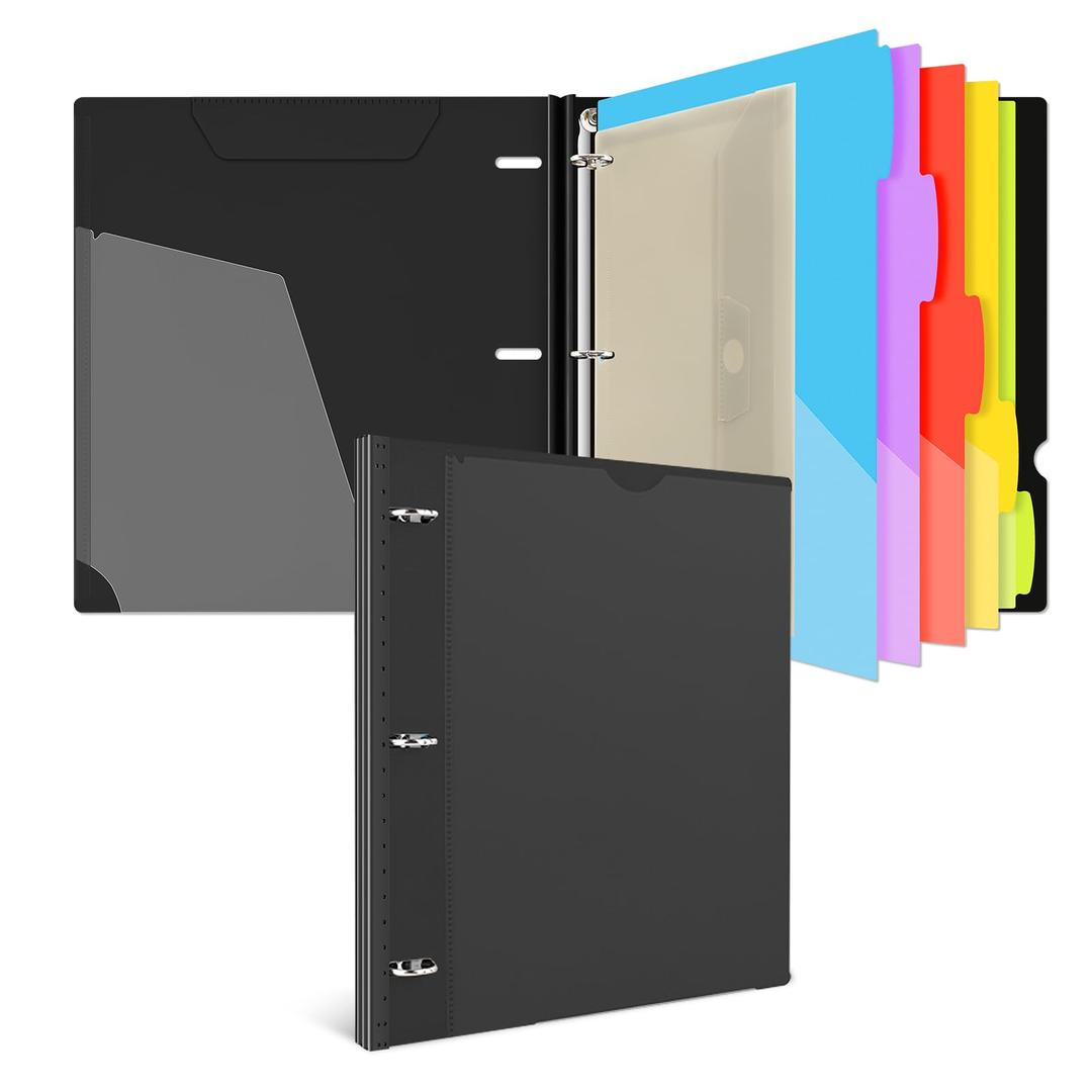 INFUN Telescoping Project Organizer Binder，13 Pocket 3-Ring Binder with Customizable Front Cover, Refillable Binder Organizer with 5 Colors Divider with Tabs and Plastic Binder Pocket -Black