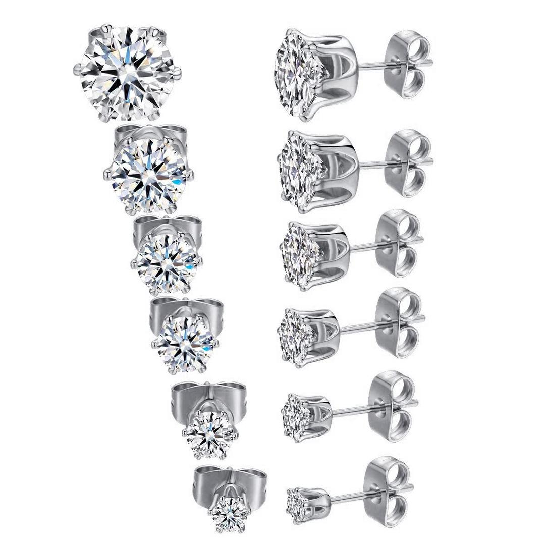 Gemsme6 Pair Graduated Stud Earrings,GEMSME 18K White Gold Plated Round Cubic Zirconia Stud Earrings Pack of 6