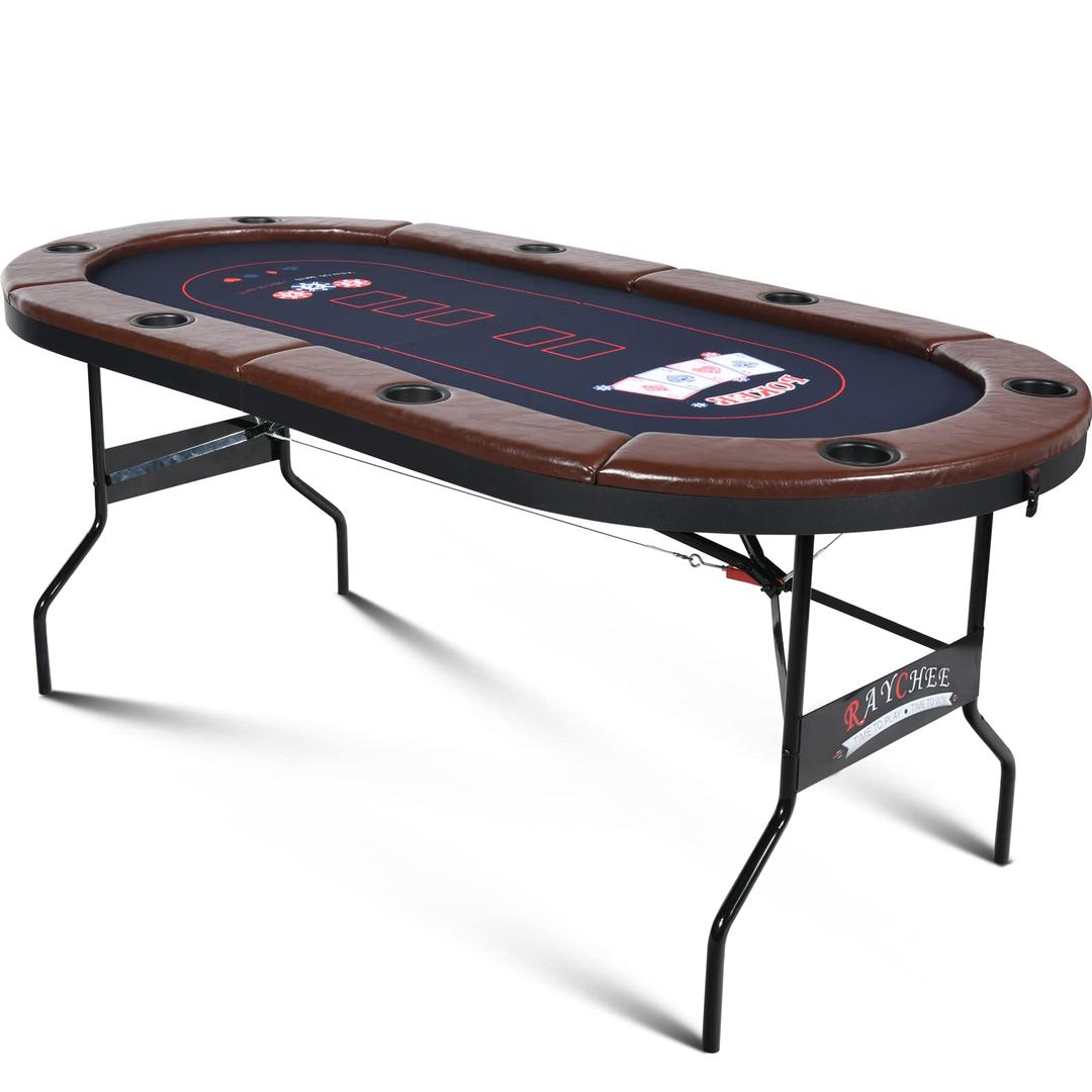 RayChee Foldable Poker Table, 8 Player Texas Holdem Table, Folding Leisure Game Table, Portable Casino Table for Game Room with Padded Rails and Cup Holders (Brown, 71 inch)